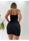 Göbek Dekolteli Büzgülü Siyah Mini Club Elbisesi