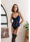 Kadife Korse Sütyen String Ve Jartiyer Çorap Takım Lacivert ( 32132)