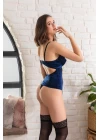 Kadife Korse Sütyen String Ve Jartiyer Çorap Takım Lacivert ( 32132)