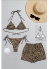Kadın 3lü Set Leopar Desenli Şortlu ve Yandan Bağlamalı Bikini Mayo Takımı