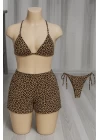 Kadın 3lü Set Leopar Desenli Şortlu ve Yandan Bağlamalı Bikini Mayo Takımı
