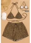 Kadın 3lü Set Leopar Desenli Şortlu ve Yandan Bağlamalı Bikini Mayo Takımı