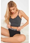 Kadın Anstrasit Gri İp Askılı Crop Top Bluz