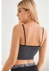Kadın Anstrasit Gri İp Askılı Crop Top Bluz