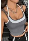 Kadın Antrasit Gri Beyaz Çift Renk Çapraz Askılı Crop Top Bluz