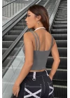 Kadın Antrasit Gri Beyaz Çift Renk Çapraz Askılı Crop Top Bluz