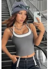 Kadın Antrasit Gri Beyaz Çift Renk Çapraz Askılı Crop Top Bluz