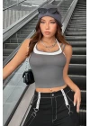 Kadın Antrasit Gri Beyaz Çift Renk Çapraz Askılı Crop Top Bluz