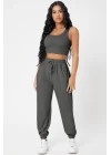 Kadın Antrasit Gri Kaşkorse Cepli Jogger Eşofman Altı Ve Crop Top Bluz