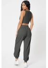 Kadın Antrasit Gri Kaşkorse Cepli Jogger Eşofman Altı ve Crop Top Bluz