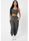 Kadın Antrasit Gri Kaşkorse Cepli Jogger Eşofman Altı ve Crop Top Bluz