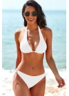 Kadın Beyaz Belden, Boyundan Bağlamalı ve Ayarlanabilir Külotlu Üçgen Bikini Mayo Takımı