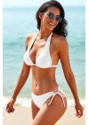 Kadın Beyaz Belden, Boyundan Bağlamalı ve Ayarlanabilir Külotlu Üçgen Bikini Mayo Takımı