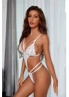 Kadın Beyaz Dantel Cut-Out Lastik Detaylı Şık Gecelik