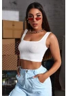 Kadın Beyaz Kalın Askılı Crop Top Büstiyer