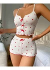 Kadın Beyaz Kalpli Askılı Şortlu Pijama Takım 6655