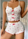 Kadın Beyaz Kalpli Askılı Şortlu Pijama Takım 6655