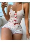 Kadın Beyaz Kalpli Askılı Şortlu Pijama Takım 6655