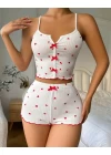 Kadın Beyaz Kalpli Askılı Şortlu Pijama Takım 6655