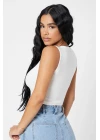 Kadın Beyaz Kare Yaka Crop Top Bluz
