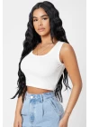 Kadın Beyaz Kare Yaka Crop Top Bluz