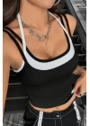 Kadın Beyaz Siyah Çift Renk Çapraz Askılı Crop Top Bluz