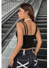 Kadın Beyaz Siyah Çift Renk Çapraz Askılı Crop Top Bluz