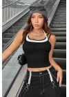 Kadın Beyaz Siyah Çift Renk Çapraz Askılı Crop Top Bluz