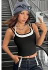 Kadın Beyaz Siyah Çift Renk Çapraz Askılı Crop Top Bluz