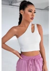 Kadın Beyaz Tek Omuz Cut Out Detaylı Crop Top Bluz