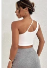 Kadın Beyaz Tek Omuzlu Çapraz Askılı Crop Top Büstiyer