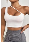 Kadın Beyaz Tek Omuzlu Çapraz Askılı Crop Top Büstiyer