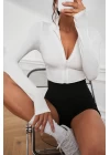 Kadın Beyaz Uzun Kol Fermuarlı Parmak Geçme Detaylı Dik Yaka Crop Top Bluz