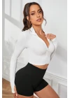 Kadın Beyaz Uzun Kol Fermuarlı Parmak Geçme Detaylı Dik Yaka Crop Top Bluz