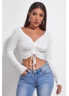 Kadın Beyaz Uzun Kollu Büzdürme Bağcık Detaylı Crop Top Bluz