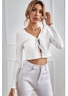 Kadın Beyaz Uzun Kollu Önden Bağlama Detaylı Crop Top Bluz