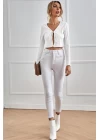 Kadın Beyaz Uzun Kollu Önden Bağlama Detaylı Crop Top Bluz