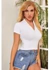 Kadın Beyaz Yarım Fermuarlı ve Kısa Kollu Crop Top Bluz