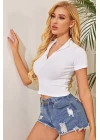 Kadın Beyaz Yarım Fermuarlı ve Kısa Kollu Crop Top Bluz