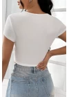 Kadın Beyaz Yarım Kol Düz Yaka Crop Top Bluz