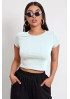 Kadın Beyaz Yuvarlak Yaka Yarım Kol Crop Top Bluz