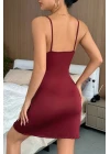 Kadın Bordo Bacak Yırtmaçlı Siyah Dantelli ve Fiyonklu Şık Gecelik
