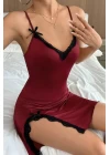 Kadın Bordo Bacak Yırtmaçlı Siyah Dantelli Ve Fiyonklu Şık Gecelik