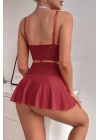 Kadın Bordo Dantel ve Tül Detaylı Etekli Şık Gecelik Takımı