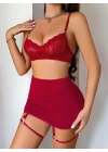 Kadın Bordo Etek Fantazi Jartiyer Sexy Gecelik Takım 3833