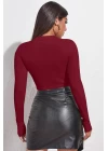 Kadın Bordo Göğüs Dekolteli Uzun Kollu Cut Out Crop Top Bluz