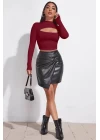 Kadın Bordo Göğüs Dekolteli Uzun Kollu Cut Out Crop Top Bluz