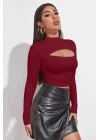 Kadın Bordo Göğüs Dekolteli Uzun Kollu Cut Out Crop Top Bluz