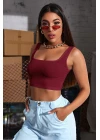 Kadın Bordo Kalın Askılı Crop Top Büstiyer