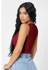 Kadın Bordo Kare Yaka Crop Top Bluz
